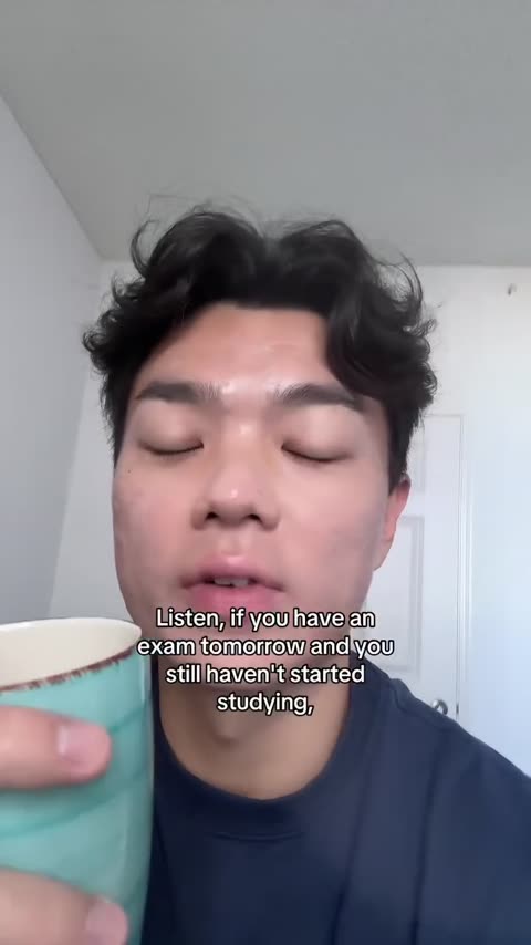Creator talking to camera with a caption about an exam tomorrow